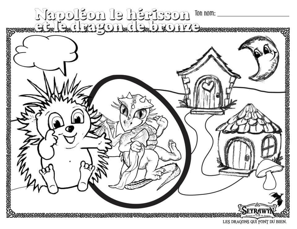 Coloriage <br> Napoléon le hérisson et le dragon de bronze - Flauralie et compagnie
