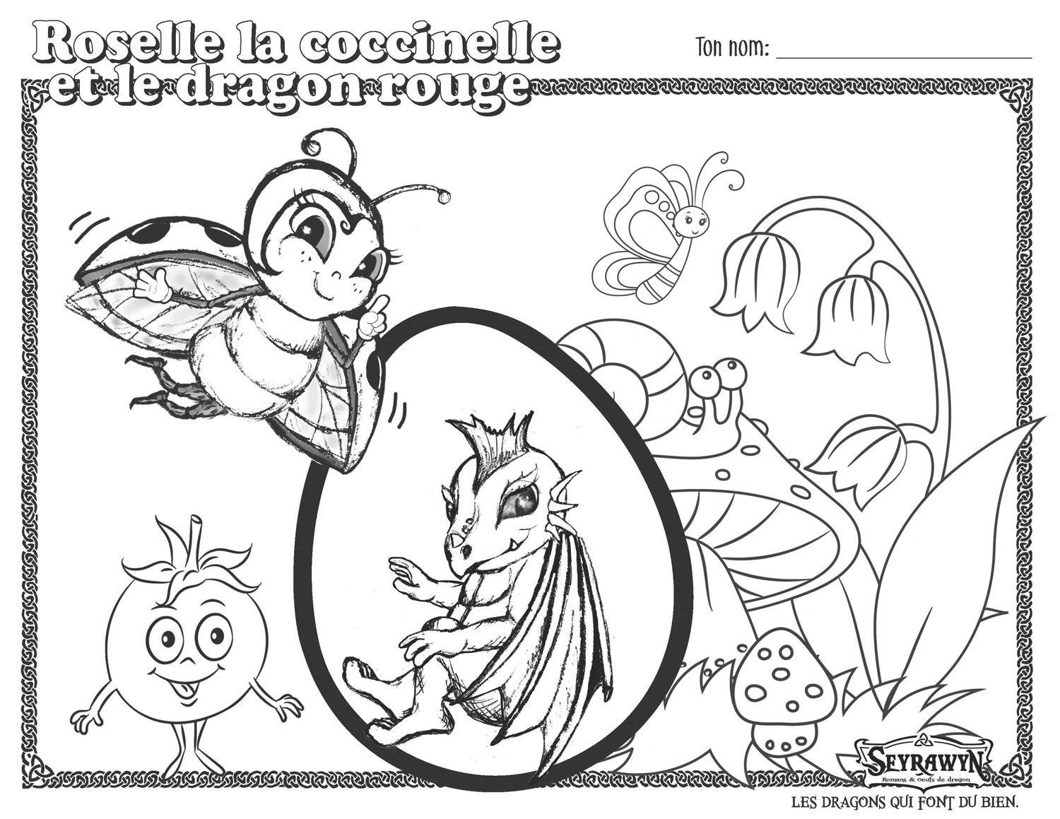 Coloriage <br> Roselle la coccinelle et le dragon rouge - Flauralie et compagnie